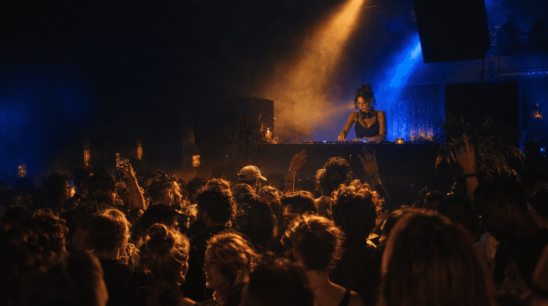 A DJ brings a packed venue together under warm lights